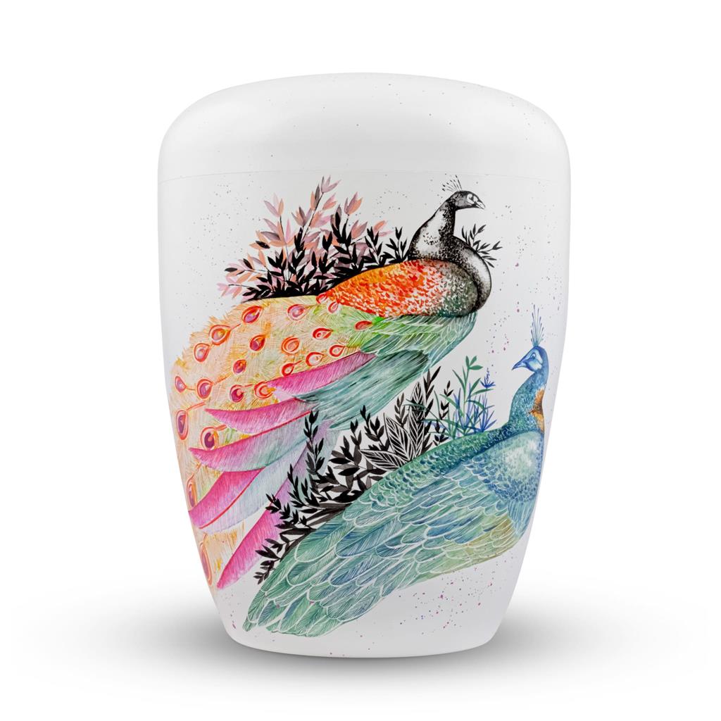 Naturstoffurne, weiß, "Pfau"