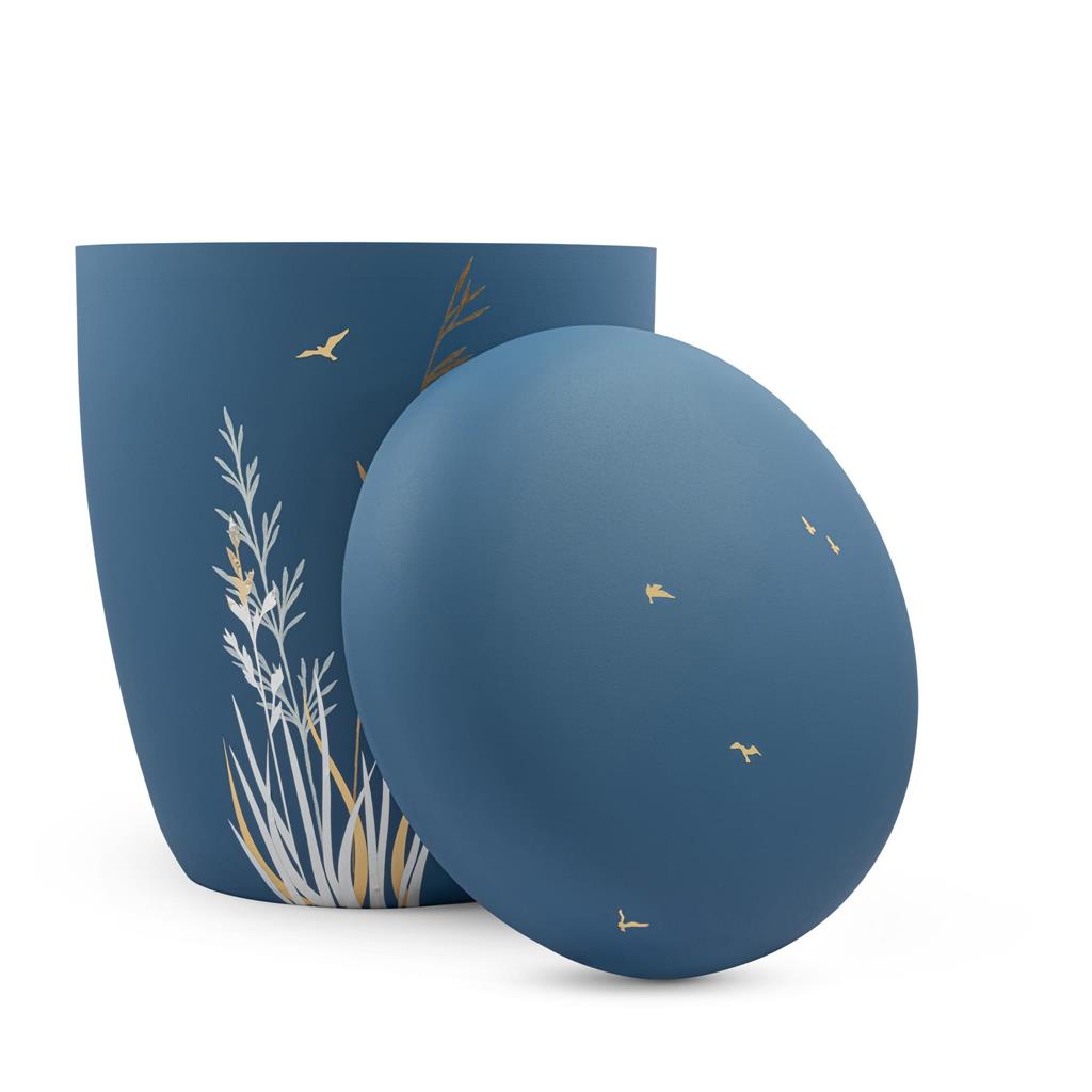 Naturstoffurne, himmelblau, "Gräser weiß+gold"