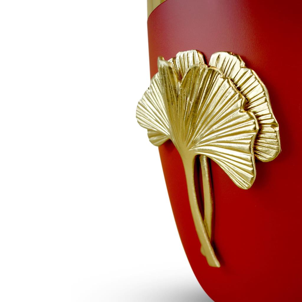 Flüssigholzurne glint-lavared, Design "Ginkgo" in gold, Goldband