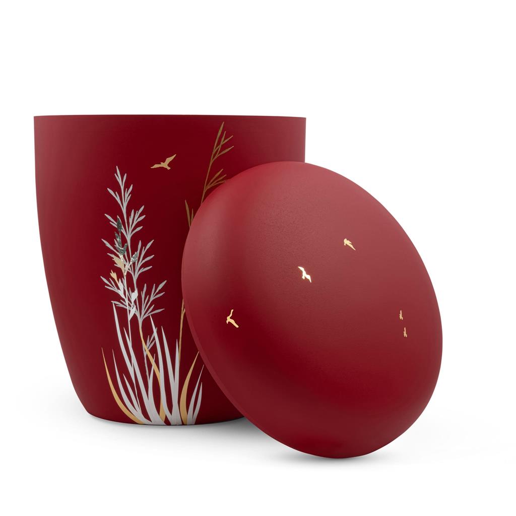 Naturstoffurne, lava-red, "Gräser gold+weiß"