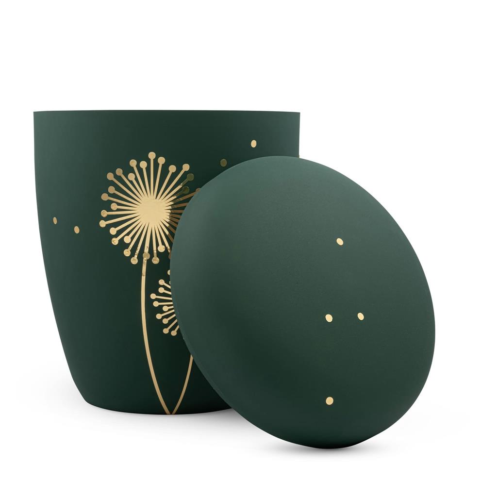 Naturstoffurne, kieferngrün, Pusteblume modern