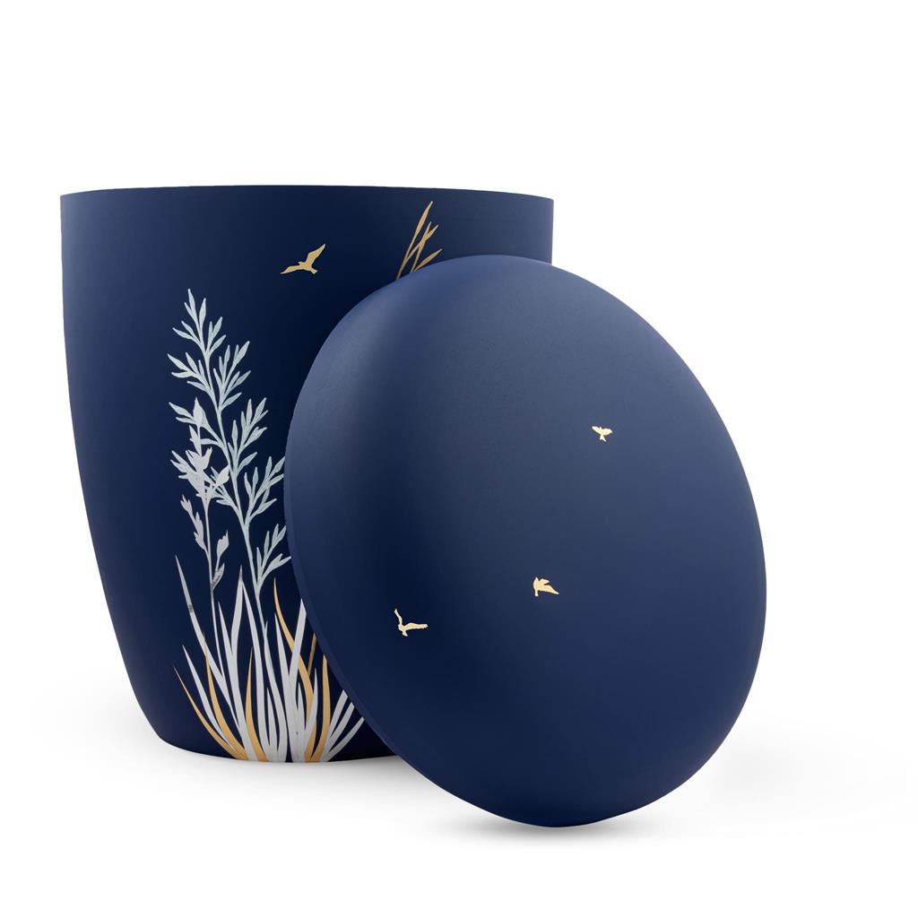 Naturstoffurne, atlantic-blue, "Gräser gold+weiß"
