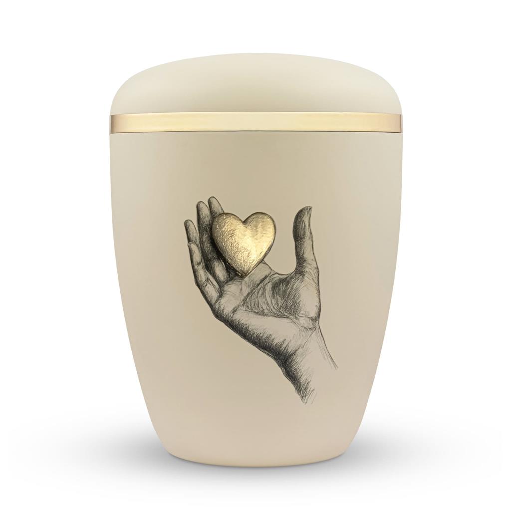 Naturstoffurne, seashell, "Hand mit Herz gold"