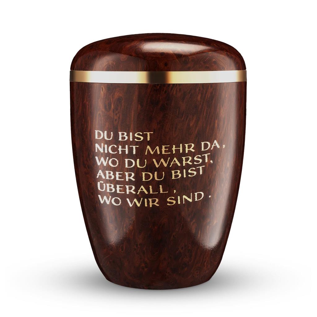 Naturstoffurne, Beschichtung "Wurzelholz", Text, Goldband