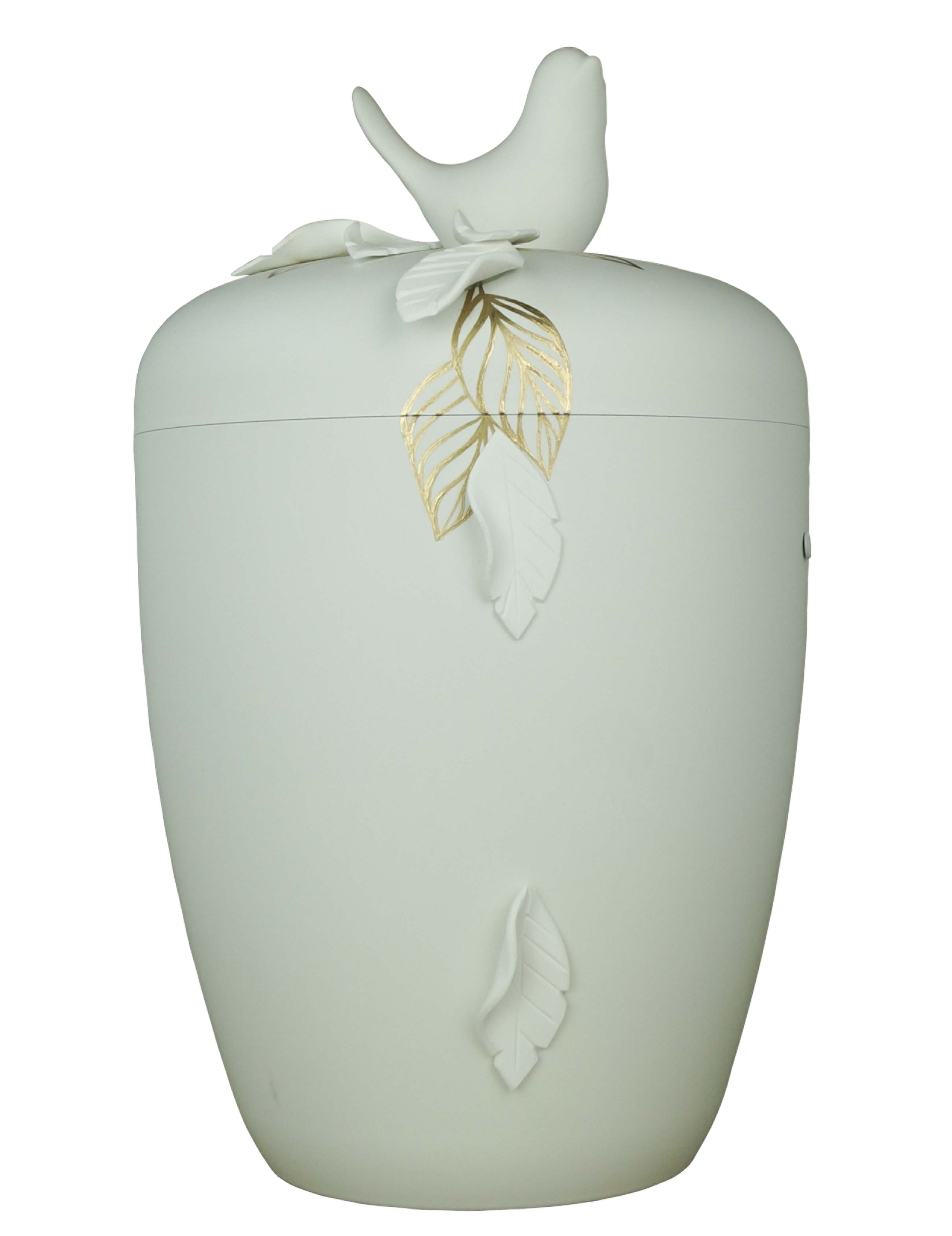 Flüssigholzurne weiß-matt, Design "Blätter+Vogel" in gold-weiß