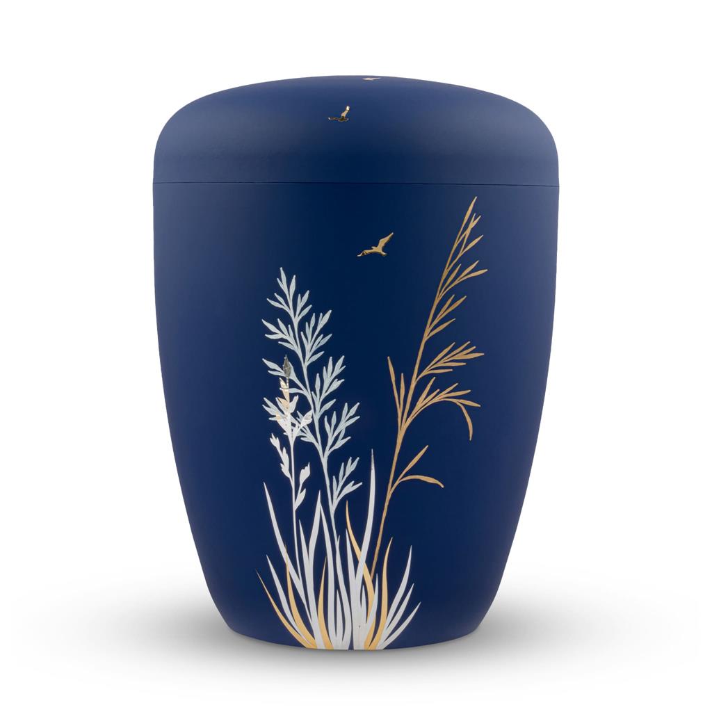 Naturstoffurne, atlantic-blue, "Gräser gold+weiß"