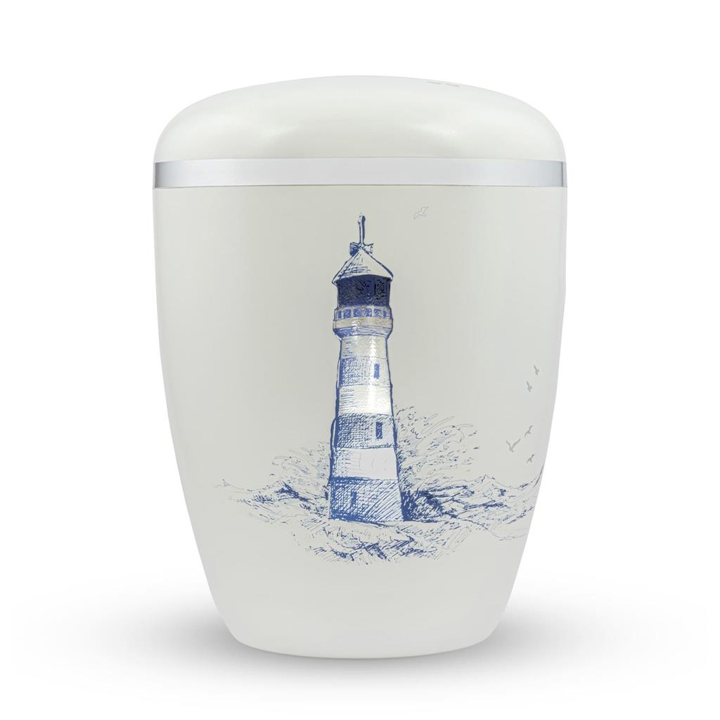 Naturstoffurne, weiß, Leuchtturm silber-blau