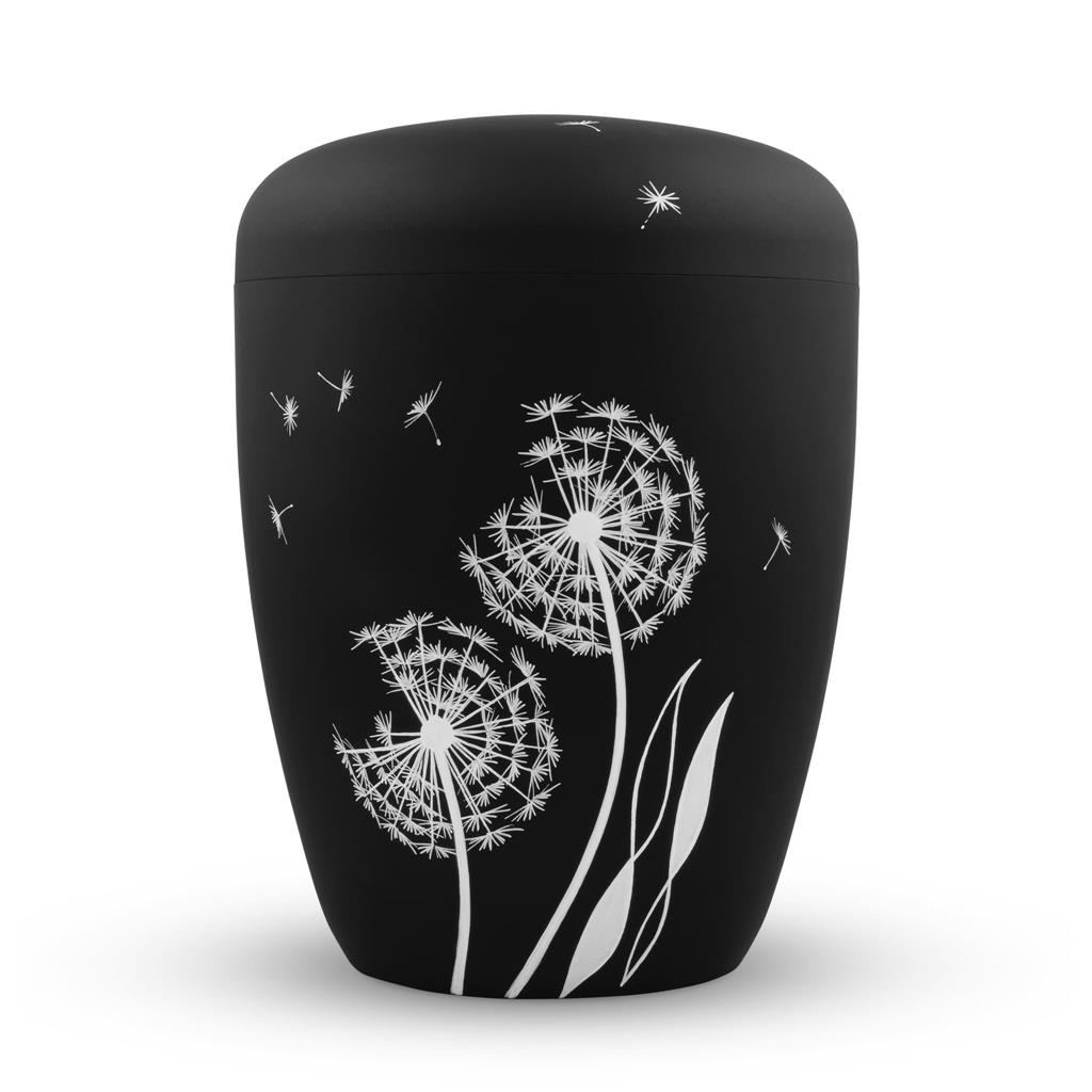 Naturstoffurne, schwarz-matt, "Pusteblume weiß"