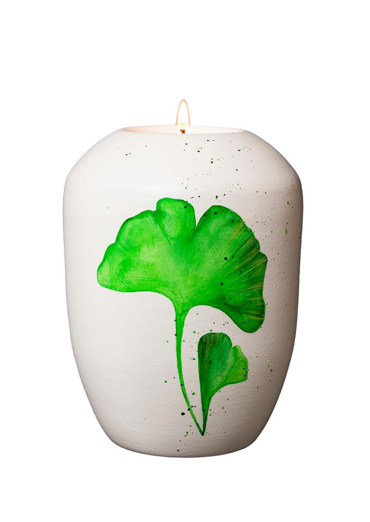 Gedenklicht, glint-seashell lackiert, Design 'Ginkoblätter grün'