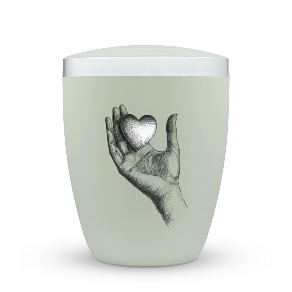 Naturstoffurne, mint-matt, "Hand + Herz"