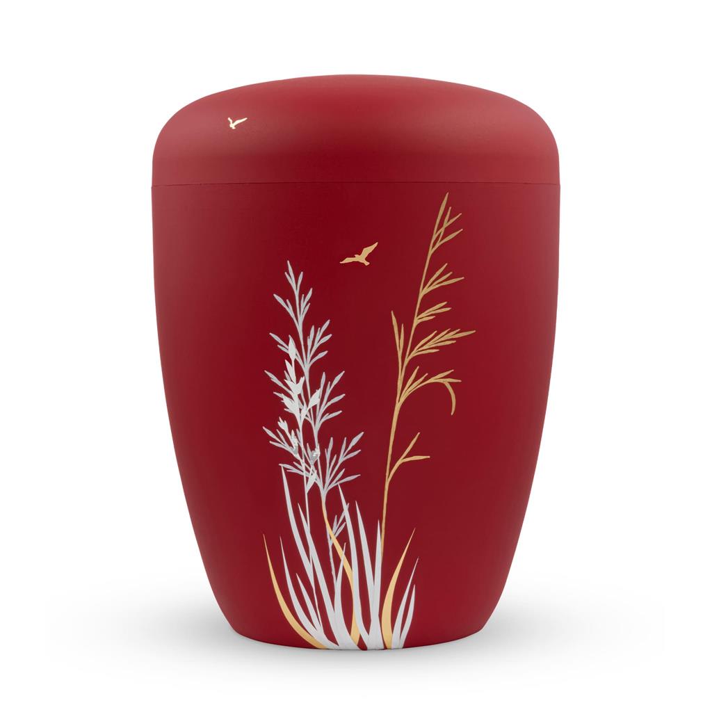 Naturstoffurne, lava-red, "Gräser gold+weiß"