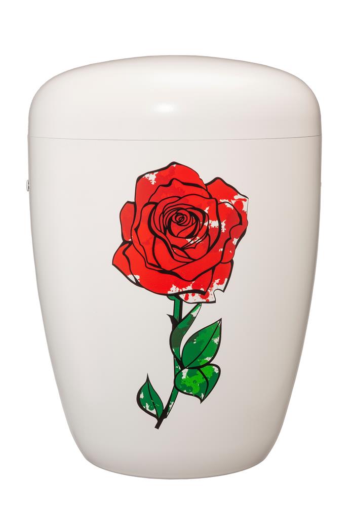 Biourne, weiß lackiert, Folien- emblem 'Rose bunt'