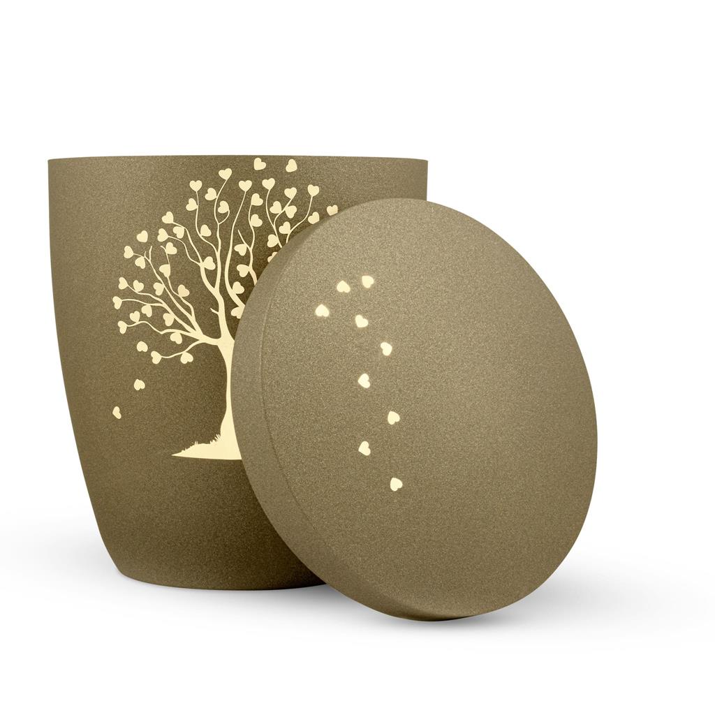 Naturstoffurne, glint-brass, "Baum m. Herzen"