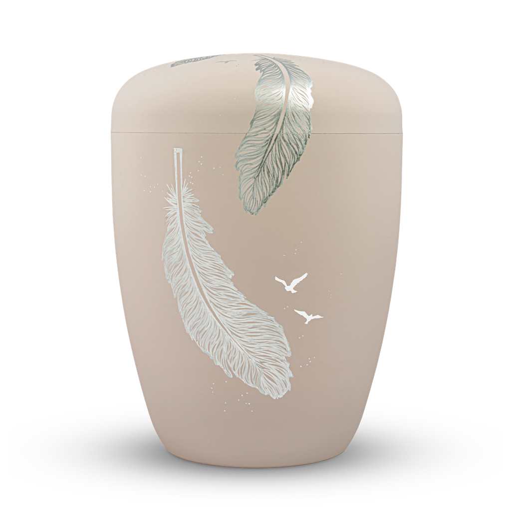 Naturstoffurne, rosé-matt, "3x Feder+Vögelchen"