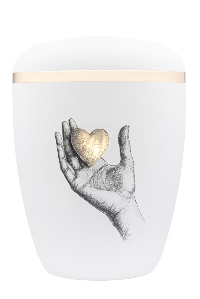 Naturstoffurne, weiß-matt, "Hand mit Herz gold"