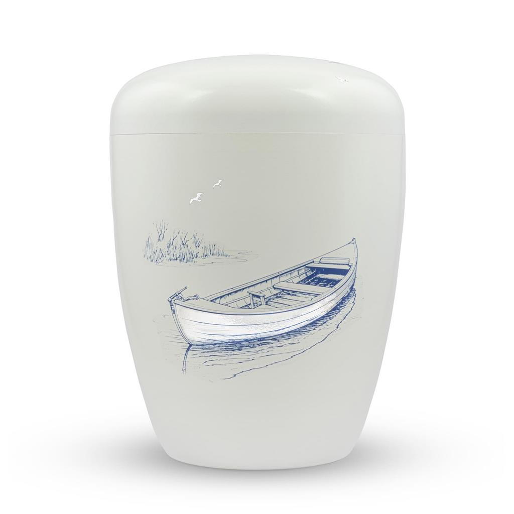 Naturstoffurne, weiß, "Boot silber-blau"