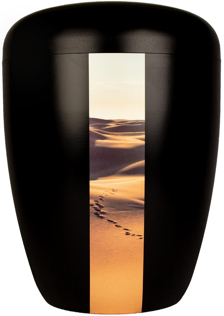 Biourne, schwarz lackiert, Foto-Banderole "Spuren im Sand"