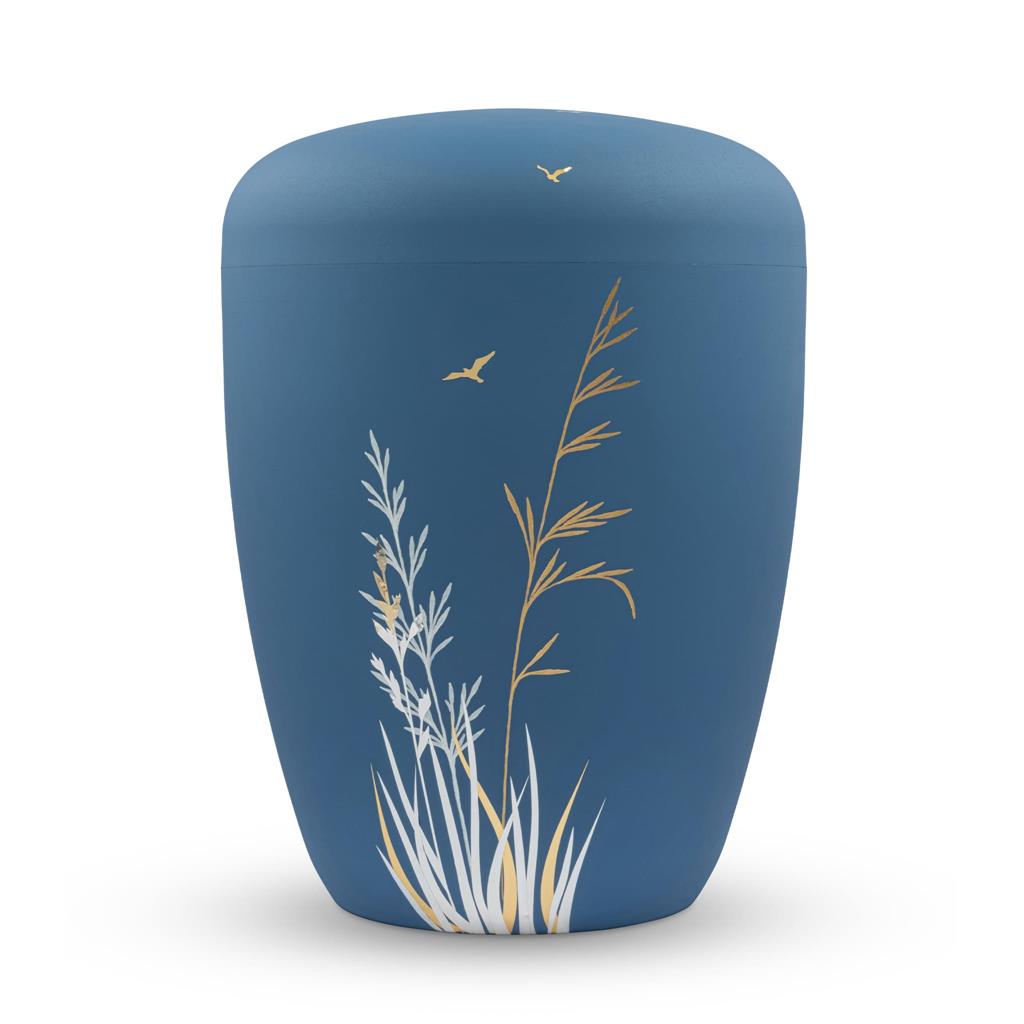 Naturstoffurne, himmelblau, "Gräser weiß+gold"