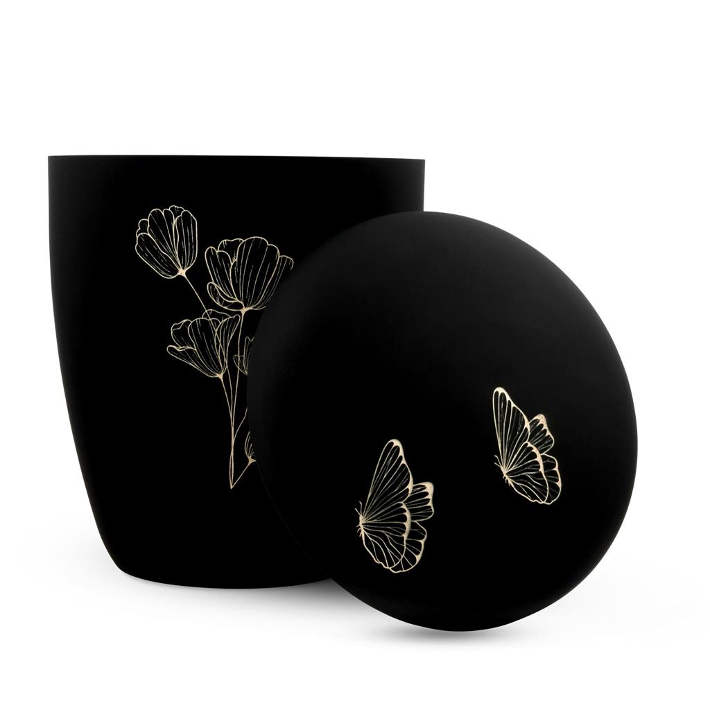 Naturstoffurne, schwarz, Gravur "Blume"