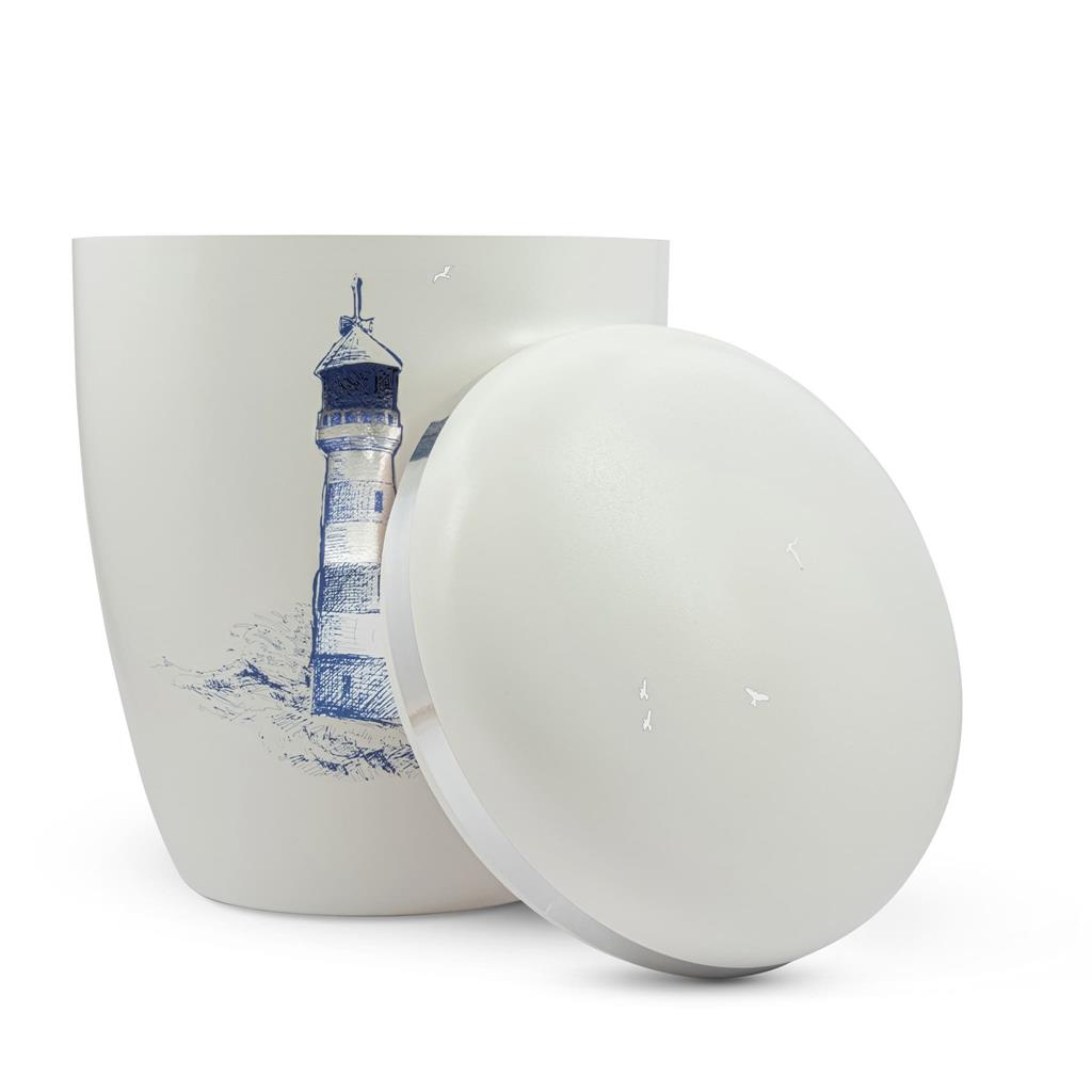 Naturstoffurne, weiß, Leuchtturm silber-blau