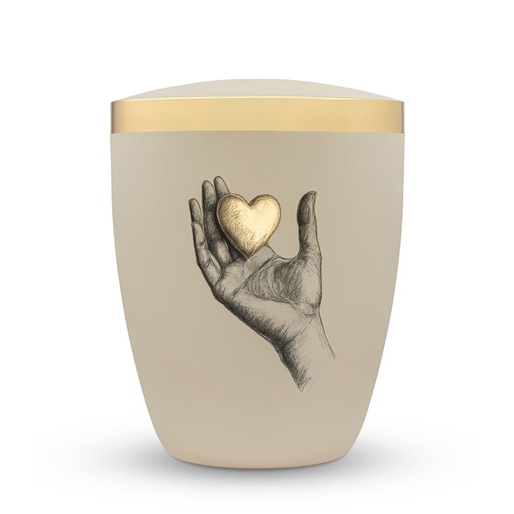 Naturstoffurne, seashell, "Hand mit Herz gold"