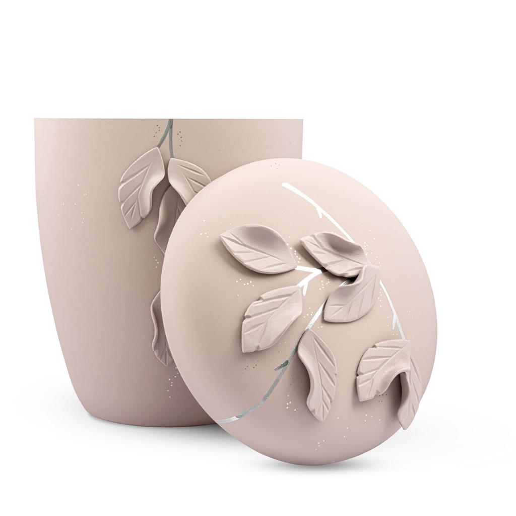 Naturstoffurne, rosé-matt, "fallende Blätter 3D"