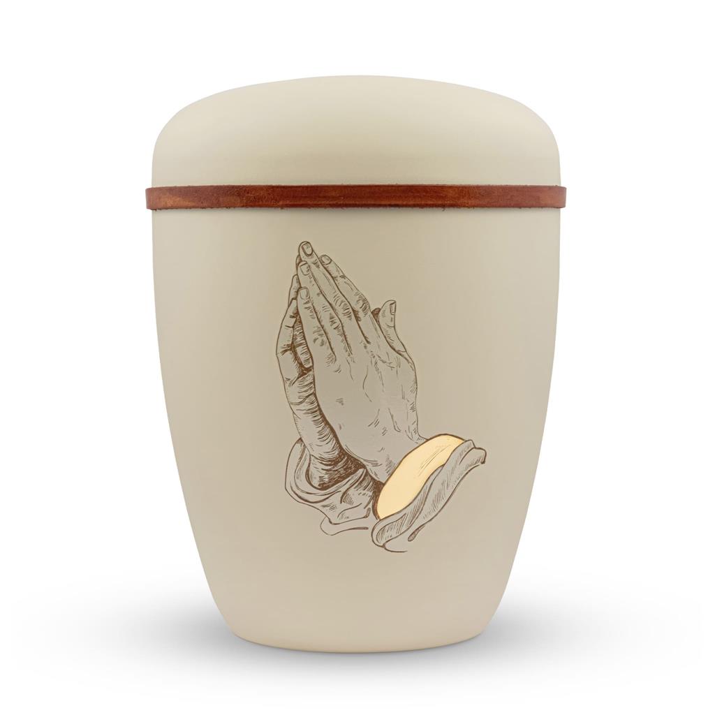 Naturstoffurne, seashell, "betende Hände", Lederband