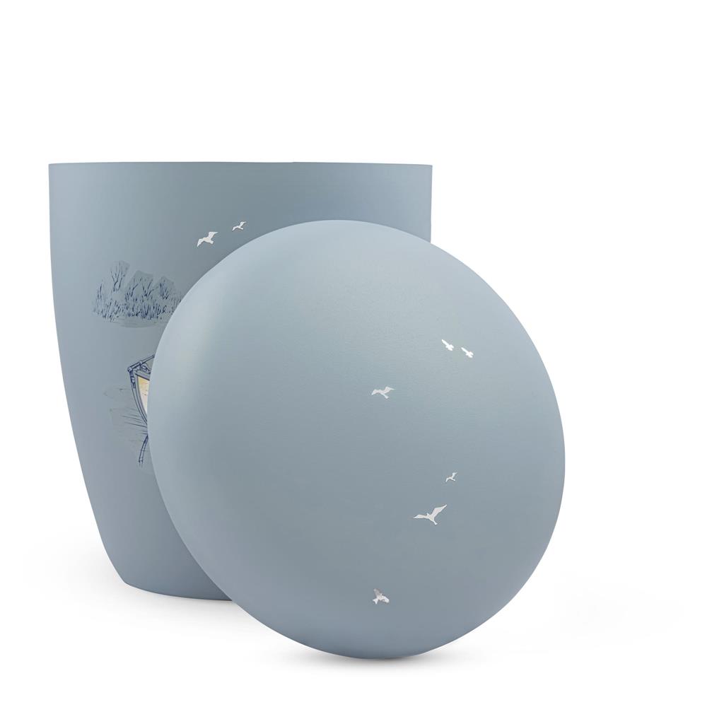 Naturstoffurne, taubenblau, "Boot blau-silber"