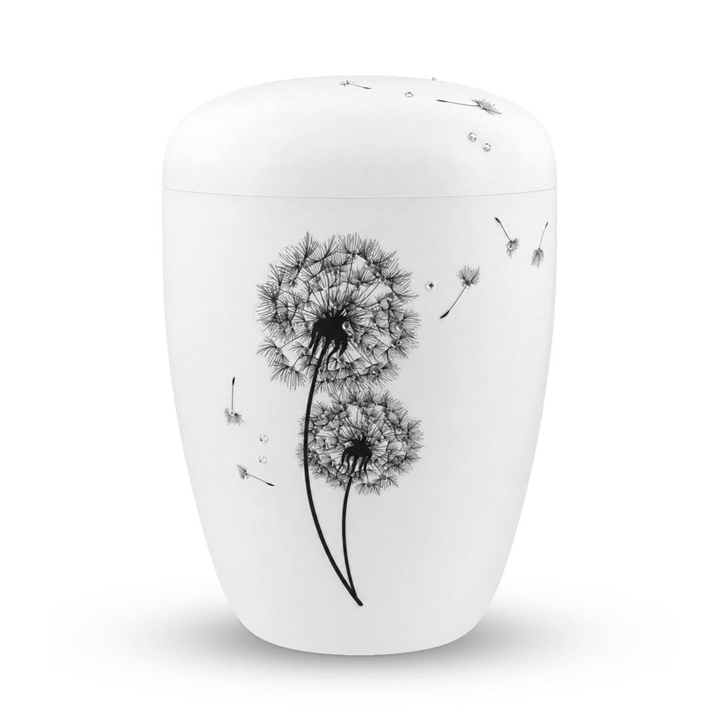 Naturstoffurne, weiß, "Pusteblume + Strass"