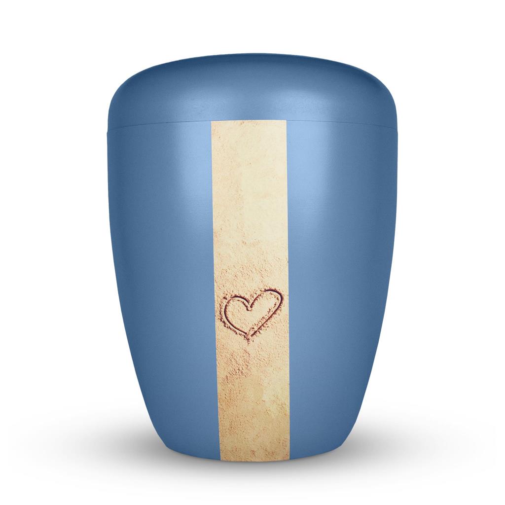 Naturstoffurne, pastell-blau, "Herz im Sand"