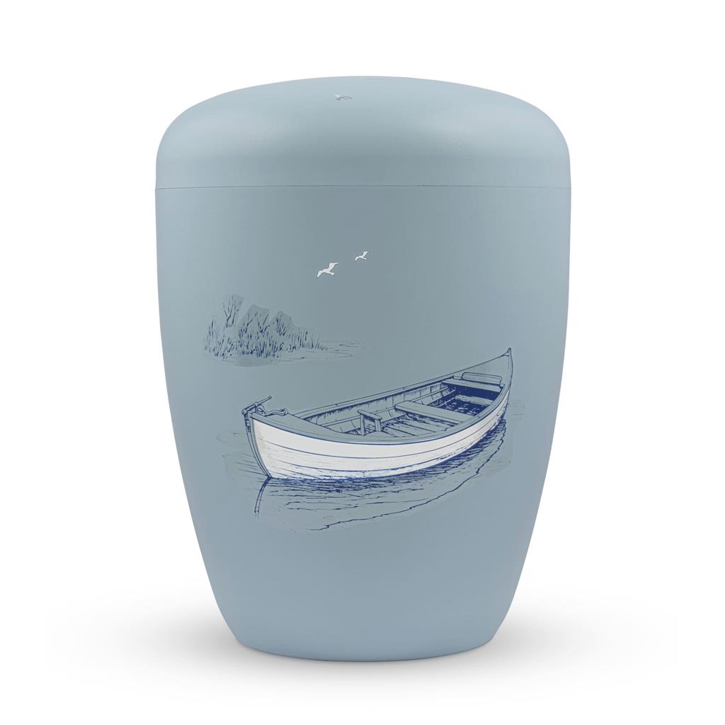 Naturstoffurne, taubenblau, "Boot blau-silber"