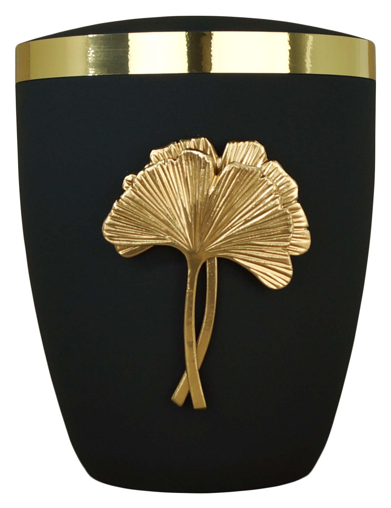 Flüssigholzurne schwarz-matt, Design "Ginkgo" in gold, Goldband