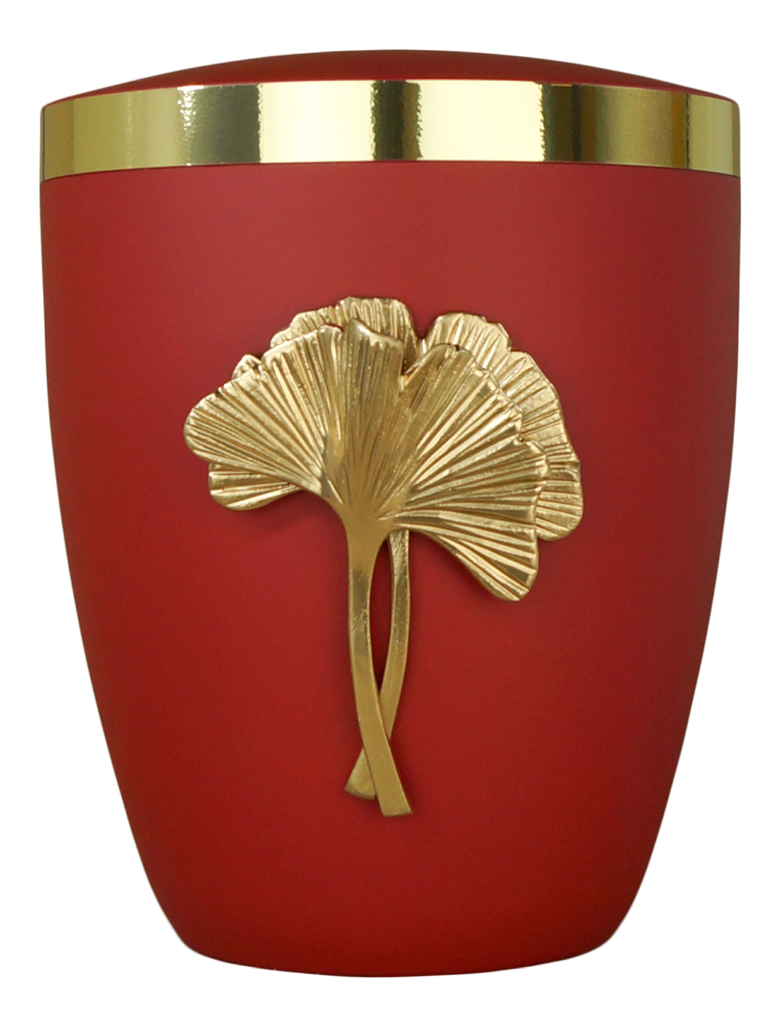 Flüssigholzurne glint-lavared, Design "Ginkgo" in gold, Goldband
